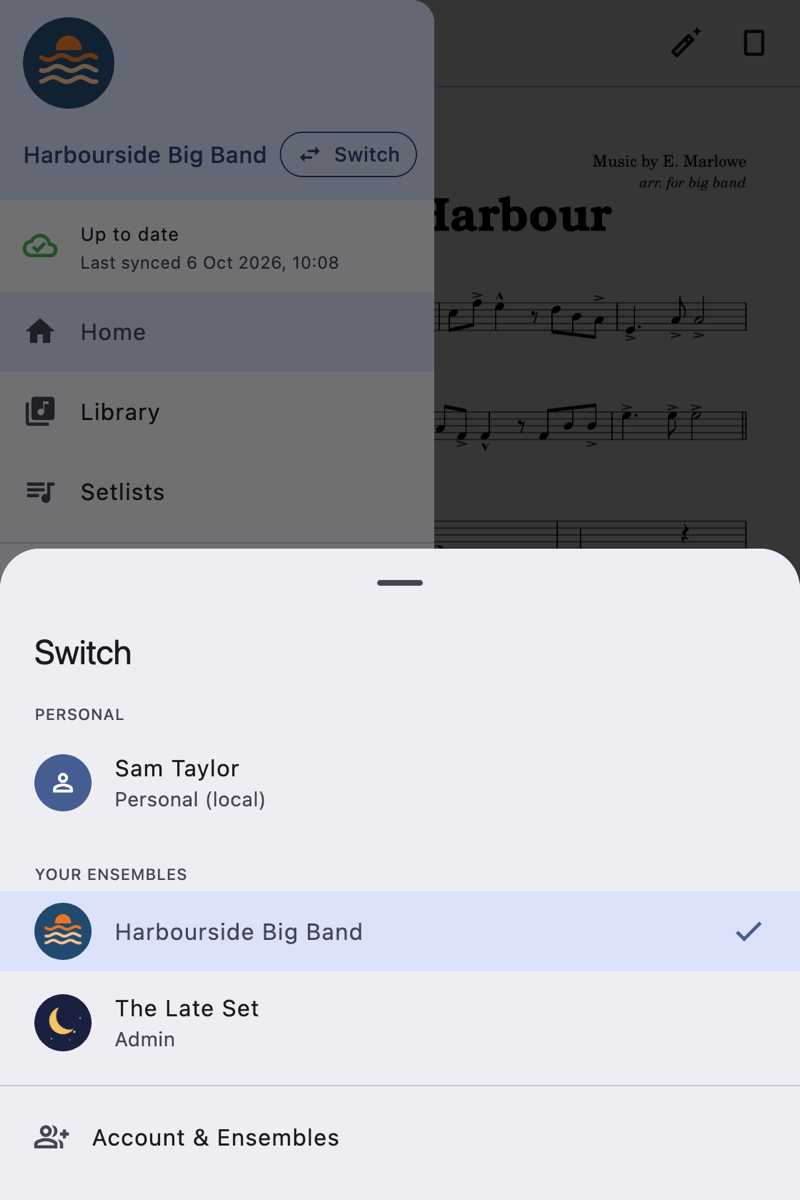 Switcher listing My library and two bands